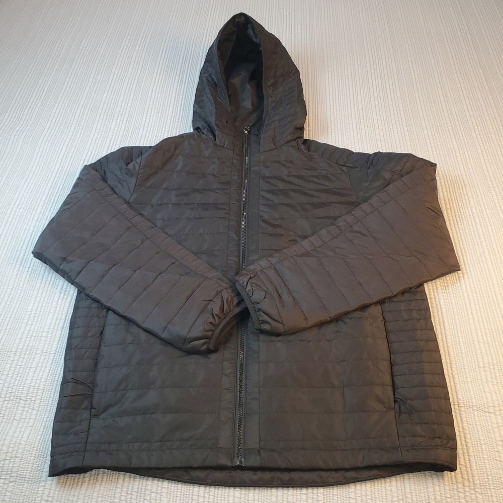 Dutch Bros Coffee Mens Medium Black Lightweight Puffer Jacket Hooded Cinch Waist